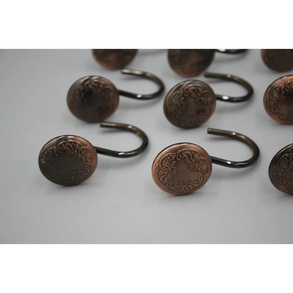 QTY: 12 Metal Shower Curtain Hooks Round Button Dark Copper Embellished Set NICE